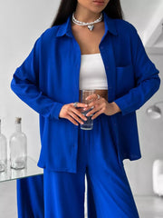 Damen Zweiteiliges Lounge-Set Oversize-Bluse mit Brusttasche und weiter Palazzo-Hose Nord Taschen – Blau