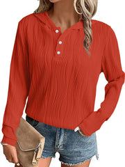 Damen Geripptes Kapuzen-Henleyshirt mit Knopfleiste und leichter Struktur Nord Taschen – Orange‑Rot - Sofortversand