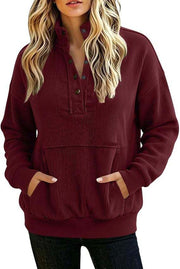 Damen gerippter Henley-Pullover mit Stehkragen und Kängurutasche Nord Taschen – Weinrot