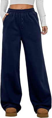Damen Kuschelige Fleece-Sweatpants mit weitem Bein und hohem Elastikbund Nord Taschen – Navyblau