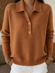 Damen lässiger Feinstrickpullover mit Polokragen und Zwei-Knopf-Leiste Nord Taschen – Kaffeebraun