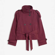 Damen Kurz geschnittener Trench‑Cape mit abnehmbaren Ärmeln, Stehkragen und Doppelreiher Nord Taschen – Weinrot
