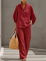 Damen Leichtes Leinen-Loungewear-Set mit Stehkragen Knopfleiste und weitem Marlene-Schnitt Nord Taschen – Weinrot