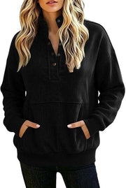 Damen gerippter Henley-Pullover mit Stehkragen und Kängurutasche Nord Taschen – Schwarz