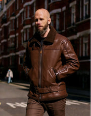 Herren Kunstleder-Fliegerjacke mit Teddyfutter, Reißverschlüssen und Stehkragen Nord Taschen – Kaffeebraun