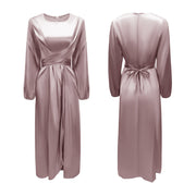 Damen Elegantes Maxikleid aus Satin mit Wickel-Detail, Langarm und Taillenband Nord Taschen – Rosa