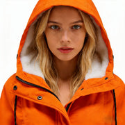 Damen Wasserabweisender Parka mit Teddyfutter, Kapuze und Taillierter Passform Nord Taschen – Orange【Druckknopf-Version】