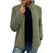Damen kuschelige Teddy-Fleecejacke mit Stehkragen und Reißverschluss Nord Taschen – Olivgrün