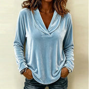 Damen Samt-Longsleeve mit tiefem V-Ausschnitt und lässigem Saum Nord Taschen – Himmelblau