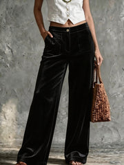 Damen Weite Samt-Palazzohose mit hoher Taille und aufgesetzten Taschen Nord Taschen – Schwarz
