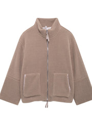 Damen Boxy-Teddyfleece-Jacke mit Stehkragen, Zwei-Wege-Reißverschluss und aufgesetzten Taschen Nord Taschen – Kaffeebraun