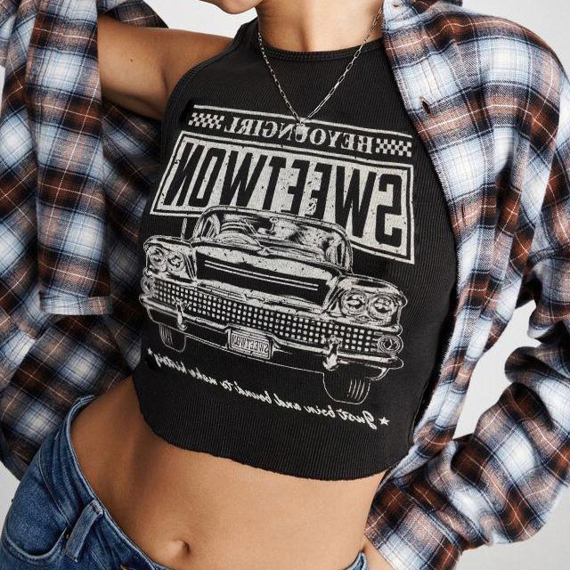 Trendiges Damen Crop-Top mit Auto-Print und Rundhalsausschnitt – Maila