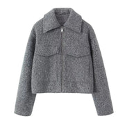 Damen Kurzjacke aus Bouclé-Wollmix mit Reißverschluss, Hemdkragen und Brustpattentaschen Nord Taschen – Grau
