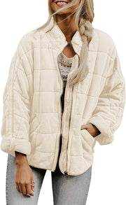 Damen Oversize Steppjacke mit Reißverschluss und Eingrifftaschen Nord Taschen – Apricot