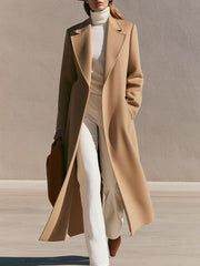 Damen Longline Wollmantel mit weitem Revers und tailliertem Schnitt Nord Taschen – Kamelbraun
