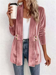 Damen Samt-Longblazer mit Schalkragen und Zierknopfleiste Nord Taschen – Rosa