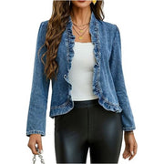 Damen taillierte Jeansjacke mit Volantkanten Nord Taschen – Blau