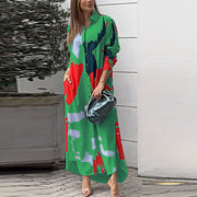 Damen Langes Hemdblusenkleid mit abstraktem Pinselprint und seitlichen Eingrifftaschen Nord Taschen – Grün - Sofortversand