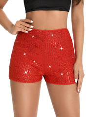 Damen Hochgeschnittene Pailletten Shorts – Glänzender Party Glam Fit – Rot