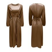 Damen Elegantes Maxikleid aus Satin mit Wickel-Detail, Langarm und Taillenband Nord Taschen – Braun