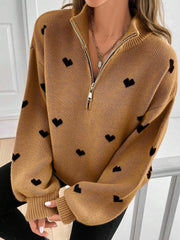 Damen Oversize Strickpullover mit Half-Zip und Herzmotiv Nord Taschen – Karamell