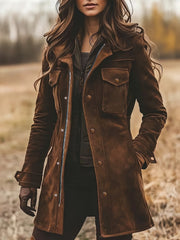 Damen Lange Wildleder-Safari-Jacke mit Pattentaschen und taillierter Silhouette Nord Taschen – Dunkelbraun
