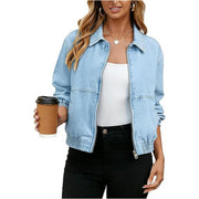 Damen Leichte Cropped-Jeansjacke mit Gummibündchen und Reißverschluss Nord Taschen – Hellblau