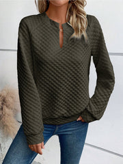 Damen Gesteppter Kuschel-Pullover mit Schlitzkragen Nord Taschen – Olivgrün - Versand heute