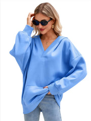 Damen Oversize V-Ausschnitt Hoodie mit Kapuze, Kängurutasche und verlängertem Saum Nord Taschen – Himmelblau