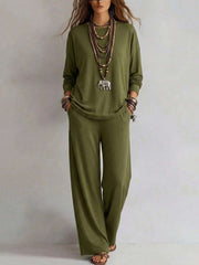 Damen Loungewear-Set mit weitem Bund und Oversize-Langarmshirt Nord Taschen – Olivgrün