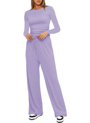 Damen Figurbetontes Longsleeve mit seitlicher Raffung und High-Waist Palazzo-Jogginghose Set Nord Taschen – Helllila