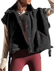 Damen Oversized Teddyweste mit Stehkragen, Druckknopfverschluss und Tunnelzug Nord Taschen – Schwarz