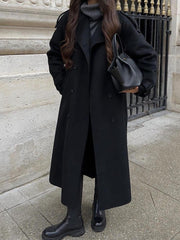 Damen Oversize Wollmantel mit breitem Reverskragen und Taillengürtel Nord Taschen – Schwarz
