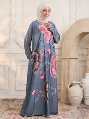 Damen Maxikleid im Kaftan-Stil mit handbemaltem Blumenprint Nord Taschen – Grau