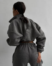 Damen Teddy-Fleece-Loungewear Set mit halbem Reißverschluss elastischem Tunnelzugbund und weitem Bein Arvani – Grau