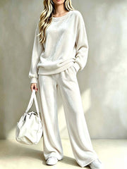 Damen Weiches Velours-Loungewear-Set mit weitem Bein und Rundhalsausschnitt Nord Taschen – Weiß