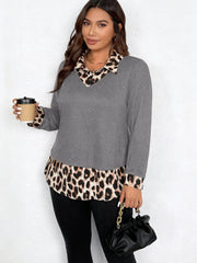 Damen Lagenlook-Pullover mit V-Ausschnitt und Leoprint-Blusen-Einsatz Nord Taschen – Grau - Sofortversand