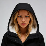 Damen Wasserabweisender Parka mit Teddyfutter, Kapuze und Taillierter Passform Nord Taschen – Schwarz (Druckknopf)