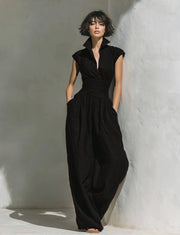Damen Jumpsuit mit weitem Bein, tailliertem Wickelbund und Stehkragen Nord Taschen – Schwarz