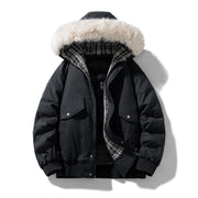 Herren wattierte Winterjacke mit Kapuze und abnehmbarem Kunstfellkragen – Schwarz