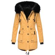 Damen Gefütterter Parka mit Kapuze und abnehmbarem Kunstpelzbesatz, taillierter Wintermantel Nord Taschen – Gelb
