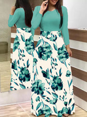 Damen Zweiteilig wirkendes Maxikleid mit figurbetontem Jersey-Oberteil und weitem Blumenrock Nord Taschen – Uni Grün Langarm 8899A