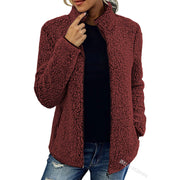 Damen kuschelige Teddy-Fleecejacke mit Stehkragen und Reißverschluss Nord Taschen – Weinrot