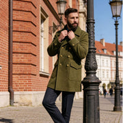 Herren Doppelreihiger Wollmantel im Matrosenstil mit goldenen Knöpfen Nord Taschen – Olivgrün