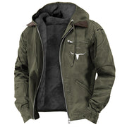 Herren Gefütterte Kapuzen-Lederjacke mit Teddyfutter und Brustreißverschlusstasche Nord Taschen – Grün [Stierkopf-Print]