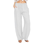 Damen Sommerliche Leinen-Palazzohose mit elastischem Bund, Seitentaschen und weitem Bein Nord Taschen – Weiß