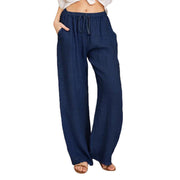 Damen Sommerliche Leinen-Palazzohose mit elastischem Bund, Seitentaschen und weitem Bein Nord Taschen – Dunkelblau