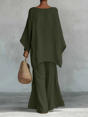 Damen Lässiges Oversize-Kaftanoberteil mit weiten Palazzohosen Nord Taschen – Olivgrün