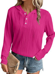 Damen Geripptes Kapuzen-Henleyshirt mit Knopfleiste und leichter Struktur Nord Taschen – Fuchsia – Versand am selben Tag