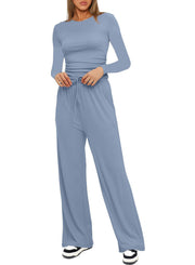 Damen Figurbetontes Longsleeve mit seitlicher Raffung und High-Waist Palazzo-Jogginghose Set Nord Taschen – Blau